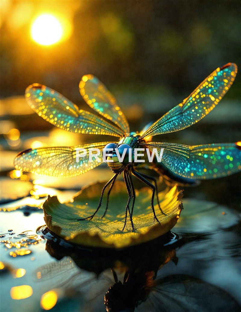 A close-up of a vibrant, iridescent dragonfly perched on a leaf with its wings spread out, reflecting sunlight and displaying intricate details.